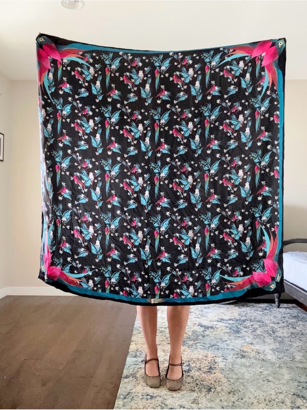 Henri Bendel silk scarf parrots owls and stripes in jewel tones